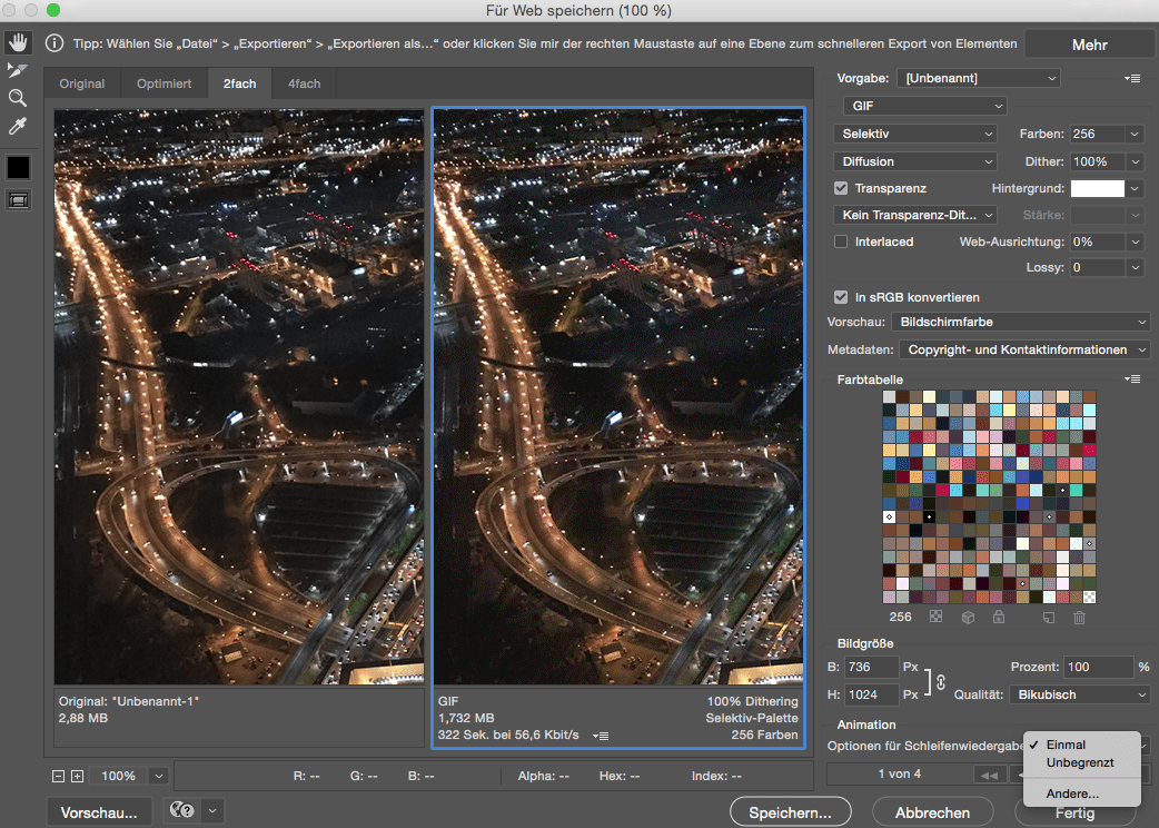 Loop und Bildgröße der GIF Animation Photoshop einstellen